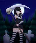  1girl absurdres bare_shoulders black_dress black_hair black_nails blue_eyes commentary dress dznovart expressionless forest full_moon highres holding holding_scythe lucy_loud moon nail_polish nature night outdoors panties scythe self-upload short_hair skull solo striped_clothes striped_sleeves striped_thighhighs the_loud_house thighhighs tombstone underwear white_panties 