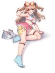  1girl :d ;d absurdres armpits asymmetrical_legwear bare_shoulders basti_(girls'_frontline_2) basti_(peach_soda)_(girls'_frontline_2) belt_pouch blue_eyes blue_socks bow breasts brown_hair cleavage collared_shirt crop_top fishnet_thighhighs fishnets girls'_frontline hair_bow hand_up highres long_hair looking_at_viewer medium_breasts midriff miniskirt mk23_(girls'_frontline) multicolored_hair navel one_eye_closed open_mouth phi_str pink_skirt pleated_skirt pouch shirt shoes skirt sleeveless sleeveless_shirt smile sneakers socks solo stomach streaked_hair thighhighs two_side_up unworn_shoes v v-shaped_eyebrows white_shirt wrist_cuffs 