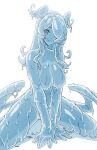  1girl :3 absurdres arms_between_legs breasts commentary cross-shaped_pupils daydarion elira_pendora english_commentary head_wings highres looking_at_viewer low_wings monster_girl nijisanji nijisanji_en simple_background sitting slime_girl solo symbol-shaped_pupils virtual_youtuber wariza white_background wings 