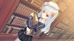  book bookshelf game_cg hair_ornament hat long_hair petite red_eyes ribbon rito_(tokeijikake_no_ley_line) school_uniform silver_hair skirt smile solo thighhighs tokeijikake_no_ley_line urabi_(tomatohouse) zettai_ryouiki 