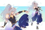  1girl absurdres animal_ears bare_shoulders black_bridal_gauntlets black_shirt blue_eyes blue_pants blush breasts bridal_gauntlets calamity_brezze ear_covers grey_hair highres horse_ears horse_girl horse_tail jewelry long_hair official_alternate_costume open_mouth pants ponytail shirt sleeveless sleeveless_shirt small_breasts smile tail tamamo_cross_(raging_thunder)_(umamusume) tamamo_cross_(umamusume) umamusume very_long_hair 