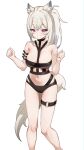  1girl :d animal_ear_fluff animal_ears arm_strap bikini black_bikini blonde_hair blue_streaks breasts cleavage commentary cowboy_shot crossed_bangs dog_ears dog_girl dog_tail double-parted_bangs fuwawa_abyssgard fuwawa_abyssgard_(holonatsu_paradise) grin hair_between_eyes hands_up highres hololive hololive_english large_breasts long_hair looking_at_viewer multi-strapped_bikini_bottom multicolored_hair o-ring o-ring_thigh_strap official_alternate_costume pink_eyes ponytail simple_background skaarl_(artist) smile solo standing stomach streaked_hair swimsuit tail thigh_strap untranslatable_commentary virtual_youtuber white_background 