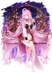  1girl absurdly_long_hair absurdres bare_legs barefoot breasts cherry_blossoms chinese_clothes chocola_s cleavage cleavage_cutout closed_mouth clothing_cutout commentary dress elf elysia_(herrscher_of_human:_ego)_(honkai_impact) elysia_(honkai_impact) elysia_(peachy_spring)_(honkai_impact) english_commentary full_body highres honkai_(series) honkai_impact_3rd legs long_hair long_sleeves looking_at_viewer nail_polish night petals pink_eyes pink_hair pink_nails pointy_ears qipao simple_background sky smile solo star_(sky) starry_sky toenail_polish toenails toes very_long_hair white_background 