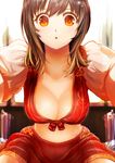  :o blush breasts brown_hair cleavage crop_top front-tie_top hanging_breasts highres iltusa large_breasts looking_at_viewer midriff navel orange_eyes original outstretched_arms short_hair solo 