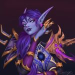  1girl 3d armor blue_eyes blue_sclera colored_sclera colored_skin commentary earrings elf english_commentary grey_skin highres jewelry long_hair looking_at_viewer pauldrons pointy_ears purple_hair shoulder_armor signature solo sytaxsama upper_body void_elf_(warcraft) vylsia_ainzull warcraft world_of_warcraft 