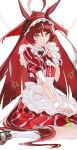  1girl ahoge animal_ears apron black_shoes blunt_bangs blunt_ends blunt_sidelocks breasts closed_mouth commentary dress employee_uniform fast_food_uniform finger_to_mouth frilled_hairband frills hair_between_eyes hairband highres horse_ears horse_girl horse_tail kfc long_hair looking_at_viewer official_alternate_costume red_desire_(umamusume) red_dress red_hair red_hairband red_headdress red_veil shoes sidelocks sitting small_breasts smile socks solo striped_clothes striped_dress tail umamusume veil vertical-striped_clothes vertical-striped_dress wariza white_apron white_socks white_wrist_cuffs wrist_cuffs yellow_eyes youmou_usagi 