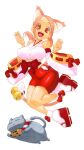  1girl :3 animal animal_ears bell bike_shorts bow breasts cat cat_ears cat_tail closed_eyes clothing_cutout collar commentary_request detached_sleeves from_below full_body grey_cat hands_up hip_vent japanese_clothes jingle_bell jumping kouhaku_nawa large_breasts legs_up mamorunokoto midair miko multicolored_hair nontraditional_miko open_mouth original parted_bangs pawpads pink_hair platform_sandals ponytail red_bow red_eyes red_sandals red_streaks red_trim rope sandals shimenawa shoes simple_background smile socks streaked_hair tail white_background white_streaks wide_sleeves 