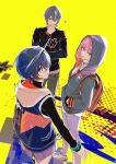  1boy 2girls ? backpack bag belle_(zenless_zone_zero) black_shirt blue_hair collared_shirt commentary_request green_eyes grey_hair grey_hoodie grey_jacket grey_pants hands_in_pockets highres hood hood_up hoodie jacket multiple_girls pants pink_hair rain_(zenless_zone_zero) shirt shoes sleeveless sleeveless_jacket smile sneakers standing takashina_yuu turtleneck turtleneck_shirt white_shirt white_shoes wise_(zenless_zone_zero) zenless_zone_zero 