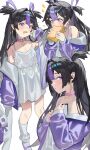  +_+ 1girl absurdres bidugi black_hair collar commentary cropped_torso dress earrings food full_body goddess_of_victory:_nikke hair_intakes hair_rings highres holding holding_food holding_sandwich holding_stuffed_toy jacket jewelry long_hair long_sleeves looking_at_object looking_at_viewer looking_down looking_to_the_side mole mole_under_eye multicolored_hair off-shoulder_jacket off_shoulder open_mouth pink_collar purple_eyes purple_jacket purple_ribbon purple_shoes purple_streaks ribbon sandwich shoes sleeveless sleeveless_dress socks solo star_(symbol) streaked_hair stuffed_animal stuffed_rabbit stuffed_toy syuen_(nikke) syuen_(young)_(nikke) triangle_earrings two_side_up upper_body white_background white_dress white_socks 