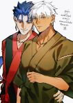  2boys absurdres archer_(fate) archer_(night_style)_(fate) blue_hair code3755 commentary_request cu_chulainn_(fate) cu_chulainn_(kyomaf_2026)_(fate) cu_chulainn_(lancer)_(fate) dark-skinned_male dark_skin earrings fate/extra fate/extra_record fate/grand_order fate_(series) hand_on_another's_waist highres japanese_clothes jewelry kimono long_hair looking_at_viewer male_focus multiple_boys red_eyes short_hair simple_background smile thai_text translation_request upper_body white_background white_hair yaoi yukata 