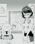  2girls 5others artist_name belt black_belt black_hair blush closed_eyes commentary cowboy_shot digimon digimon_story:_time_stranger elbow_gloves english_commentary eyewear_on_head gloves greyscale highres looking_at_viewer monochrome multiple_girls multiple_others own_hands_together painting_(object) short_hair smile supermondobeat terriermon_joshu yuuki_kanan 