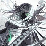  1girl absurdres artist_name black_coat black_skin breasts coat coat_on_shoulders colored_eyelashes colored_skin commentary dated floating_hair green_eyes green_kimono grey_hair highres japanese_clothes katana kimono kuroyurihime_(munji412) large_breasts long_hair multicolored_eyes munji412 no_mouth no_nose one-eyed original reaching red_eyes sheath sheathed simple_background solo sword two-tone_eyes upper_body weapon white_background white_eyelashes wide-eyed 