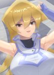  1girl armpits blonde_hair blue_gloves breasts commentary_request duel_academy_uniform_(yu-gi-oh!_gx) fingerless_gloves gloves highres jacket large_breasts long_hair looking_at_viewer lying main-do on_back open_mouth solo tenjouin_asuka white_jacket yellow_eyes yu-gi-oh! yu-gi-oh!_gx 