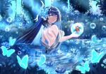  1girl blue_eyes blue_hair breasts bug butterfly chocola_s commentary dress flower hair_flower hair_ornament highres holding holding_orb honkai_(series) honkai_impact_3rd large_breasts long_hair looking_at_viewer multicolored_hair orb partially_submerged seele_vollerei seele_vollerei_(herrscher_of_rebirth) solo two-tone_hair very_long_hair white_dress 