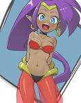  1girl :d arms_behind_back bandeau black_choker black_panties blue_background blue_eyes blush bracer breasts bright_pupils choker circlet cleavage collarbone commentary cowboy_shot dark-skinned_female dark_skin earrings english_commentary gold_bracer gold_circlet gold_earrings harem_pants highres hoop_earrings jewelry long_hair medium_breasts navel nico-mo o-ring o-ring_top open_mouth panties pants pointy_ears ponytail purple_hair red_bandeau see-through_clothes see-through_pants shantae shantae_(series) sidelocks simple_background smile solo split_mouth standing stomach teeth two-tone_background underwear upper_teeth_only variant_set very_long_hair white_background 