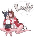  2girls absurdres air_shakur_(umamusume) animal_ears barefoot black_hair brown_hair buruma commentary computer ear_chain eyebrow_piercing eyewear_on_head face_piercing full_body gym_uniform hand_on_another's_shoulder highres horse_ears horse_girl indian_style jacket kneeling laptop linked_piercing long_hair multicolored_jacket multiple_girls open_mouth pappi piercing purple_eyes red-framed_eyewear red_buruma red_jacket red_shorts seeking_the_pearl_(umamusume) shorts simple_background sitting sunglasses tracen_training_uniform track_jacket two-tone_jacket umamusume white_background white_jacket yellow_eyes 