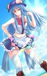  adapted_costume bare_shoulders blue_hair boots cloud crop_top cross-laced_footwear day food fruit hand_on_hip hat highres hinanawi_tenshi knee_boots lace-up_boots leaning_forward light_smile long_hair looking_away midriff miniskirt navel peach red_eyes skirt sky sleeveless solo sun ten_ryuu_sadaaki thighhighs touhou white_legwear zettai_ryouiki 