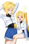  1girl absurdres ahoge black_shirt blonde_hair bocchi_the_rock! collarbone commentary cropped_jacket denim denim_shorts eltir highres ijichi_nijika jacket long_hair looking_at_viewer multiple_views shirt shorts side_ponytail sitting solo standing turtleneck turtleneck_shirt untranslatable_commentary 