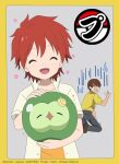  >_< 2boys :d border brown_hair brown_shoes character_request closed_eyes commentary_request crying grey_background highres holding holding_pokemon kneeling light_blush male_focus multiple_boys official_art open_mouth pants pokemon pokemon_(anime) pokemon_(creature) pokemon_horizons red_hair shirt shoes short_hair short_sleeves smile solosis streaming_tears tears undershirt yellow_border 