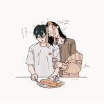  2boys black_hair bread bread_slice brown_shirt closed_eyes closed_mouth food hanemiya_kazutora heads_together heart highres long_hair matsuno_chifuyu multiple_boys shirt short_hair t-shirt tokyo_revengers twitter_username white_background white_shirt yaoi yn_tkrv 