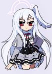  1girl black_corset black_necktie black_outline blue_archive closed_mouth commentary corset cropped_jacket cropped_legs frilled_skirt frills grey_background grey_hair grey_jacket grey_serafuku grey_skirt hair_between_eyes halo hand_on_own_hip head_wings highres id_card jacket long_hair long_sleeves mole mole_under_eye neckerchief necktie outline pink_halo pleated_skirt red_eyes red_ribbon ribbon sailor_collar school_uniform serafuku shirt simple_background single_head_wing skirt smile solo suzumi_(blue_archive) trinity_general_school_logo two-tone_neckerchief white_hair white_neckerchief white_sailor_collar white_shirt wings yusa_(be2001) 