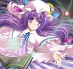  blush book capelet crescent hat long_hair long_sleeves magic_circle patchouli_knowledge purple_eyes purple_hair smile solo touhou very_long_hair wide_sleeves yamu_(reverse_noise) 