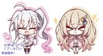  >_< 2girls 9-nine- :3 :d ^_^ ahoge belt black_thighhighs blush_stickers bow braid brown_hair cardigan chest_bow chibi chibi_only closed_eyes closed_mouth commentary commission dress drop_shadow facing_viewer frilled_dress frills full_body furrowed_brow grey_belt grey_hair hair_between_eyes hair_ornament hakusen_academy_school_uniform heart highres kujou_miyako long_hair long_sleeves mikuyaa39 multiple_girls niimi_sora open_cardigan open_clothes open_mouth outstretched_arms pink_bow pink_cardigan pleated_dress school_uniform short_dress side-by-side side_ponytail sidelocks simple_background single_braid smile sparkle speech_bubble spoken_heart standing thighhighs v-shaped_eyebrows very_long_hair white_background white_dress white_thighhighs wing_hair_ornament zettai_ryouiki 