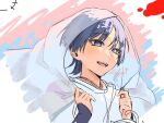  1boy armor artist_name black_hair blunt_ends blush bright_pupils choppy_bangs clenched_hands clothing_cutout commentary eyeliner genshin_impact hands_up japanese_armor japanese_clothes kariginu kote kurokote layered_sleeves looking_to_the_side makeup male_focus natsuki_ohitasi open_mouth portrait purple_eyes purple_sleeves red_eyeliner scaramouche_(genshin_impact) scaramouche_(kabukimono)_(genshin_impact) see-through_clothes see-through_veil shoulder_cutout simple_background solo string teeth tsurime untranslatable_commentary upper_teeth_only veil white_pupils white_sleeves white_veil 