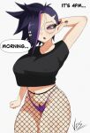  1girl arm_behind_head averting_eyes black_shirt blush breasts commentary ear_piercing elf english_commentary english_text female_pubic_hair fishnet_pantyhose fishnets hair_ornament highres large_breasts makeup medium_hair navel open_mouth original panties pantyhose piercing pointy_ears pubic_hair pubic_hair_peek purple_hair purple_panties red_eyes reina_(vdrawstuff) round_eyewear sharp_teeth shirt signature simple_background solo speech_bubble teeth underwear vdrawstuff white_background 