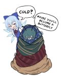  2girls antennae blanket blue_bow blue_dress blue_eyes blue_hair blush bow cirno cirno_day collared_shirt commentary detached_wings dress english_commentary english_text green_eyes green_hair hair_bow highres ice ice_wings multiple_girls neck_ribbon open_mouth pinafore_dress red_ribbon ribbon shirt simple_background sleeveless sleeveless_dress smile speech_bubble touhou white_background white_shirt wings wrapped_in_blanket wriggle_nightbug xinumizu 