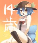  alternate_hair_length alternate_hairstyle bad_id bad_pixiv_id bare_arms bare_shoulders blue_hair blush bow fang food frills fruit hat hinanawi_tenshi konbu_ame leaf open_mouth peach red_eyes short_hair sleeveless solo touhou translated 