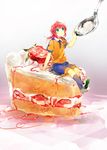  blue_eyes blush_stickers cake food fruit highres in_food inazuma_eleven_(series) inazuma_eleven_go kirino_ranmaru miniboy namie-kun otoko_no_ko polo_shirt red_hair shoes shorts sneakers socks spoon strawberry 