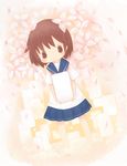  :o bad_id bad_pixiv_id blue_skirt blush brown_eyes brown_hair chibi fata_(minifata) flower kiyosumi_school_uniform mahjong mahjong_tile miyanaga_saki petals saki school_uniform serafuku short_hair skirt solo 