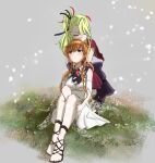  2girls back_bow bare_shoulders bell_sleeves black_ribbon blank_eyes blush bow braid breasts bridal_lingerie brooch brown_hair capelet closed_eyes commentary_request deathpolca demons_roots demons_roots_(series) detached_sleeves dress elbow_gloves falling_petals gem gloves gradient_hair grass grey_background grey_eyes grey_hair hair_ribbon hand_on_own_thigh high_ponytail highres hug jewelry kissing_head kneeling lily_killer lingerie long_hair looking_at_another looking_up medium_breasts multicolored_hair multiple_girls off_shoulder on_ground orange_hair petals ponytail red_capelet red_dress red_gem ribbon sandals see-through_clothes side_ponytail sidelocks sitting smile striped_clothes striped_thighhighs thighhighs twin_braids underboob underwear uof white_petals yellow_thighhighs yuri zettai_ryouiki 