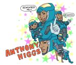  1boy anthony_higgs_(metroid) armor blue_armor brown_eyes chair character_name commentary_request cup dark-skinned_male dark_skin english_text gun holding holding_cup holding_saucer holster hrtiki male_focus meme metroid remember_me?_(meme) saucer sitting smile speech_bubble star_(symbol) thigh_holster weapon white_background 
