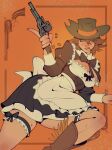 1girl apron back_bow black_bow black_bowtie black_corset black_dress blue_eyes boots bow bowtie breasts brown_boots casing_ejection cigarette cleavage_cutout clothing_cutout collared_dress corset cowboy_boots cowboy_hat cowgirl_(western) deadlock_(game) dress flipped_hair frilled_dress frilled_thigh_strap frills gun hair_between_eyes handgun hat highres holding holding_gun holding_weapon holliday_(deadlock) juliet_sleeves long_sleeves looking_at_viewer lying maid on_side orange_background parted_lips puffy_sleeves revolver shell_casing short_hair solo spurs sweat thigh_strap vinegar_and_soda weapon white_apron white_bow 