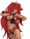  amazon black_thong breasts cleavage dark_skin earrings headband highres jewelry large_breasts long_hair muscle navel panties purple_eyes queen&#039;s_blade queen's_blade red_hair revealing_armor risty solo su0grey tattoo thong toned underwear very_long_hair 