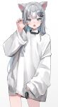  1girl animal_ears black_collar black_nails blue_eyes blush cat_ears cat_girl charm_(object) claw_pose collar commentary cowboy_shot double-parted_bangs fang grey_hair grey_sweater hair_ornament hairclip hand_up highres holding holding_charm indie_virtual_youtuber long_hair long_sleeves looking_at_viewer mouse_charm nachoneko nakony open_mouth oversized_sweater simple_background sleeves_past_wrists solo sweater turtleneck turtleneck_sweater variant_set very_long_hair virtual_youtuber white_background wide_sleeves 