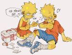  1boy 1girl ^^^ angry annoyed applying_ointment bandaid bandaid_on_face bare_arms bare_shoulders bart_simpson blonde_hair blue_shoes blue_shorts brother_and_sister bruise bruise_on_leg clenched_teeth colored_skin commentary_request cotton_swab doxn123 dress first_aid_kit frown holding_cotton_swab injury jewelry kneeling korean_commentary korean_text lisa_simpson loose_socks necklace ointment pain pearl_necklace red_dress red_sandals red_shirt sandals shirt shoes shorts siblings sitting sneakers socks spiked_hair strapless strapless_dress t-shirt teardrop teeth the_simpsons translation_request trembling tube_(container) v-shaped_eyebrows white_socks wince wiping_face yellow_skin 