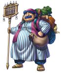  1boy abacus backpack bag blue_hair djellaba dragon_quest dragon_quest_rivals facial_hair fat fat_man full_body green_pants hand_on_own_hip hat highres holding holding_weapon male_focus mature_male mustache official_art open_clothes open_vest pants purple_hat purple_vest sandals shoulder_bag standing striped_clothes striped_robe teruterubouzu third-party_source torneko transparent_background vertical-striped_robe vest weapon 
