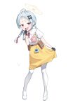  1girl absurdres belt belt_pouch blue_archive blue_hair braid collared_shirt commentary fang full_body halo hand_up happy90572084 highres kindergarten_uniform long_hair looking_at_viewer low_twin_braids mesugaki mesugaki_pose name_tag neck_ribbon open_mouth pantyhose pouch purple_eyes red_ribbon ribbon shirt short_sleeves simple_background skin_fang skirt solo standing suiko_(blue_archive) suspender_skirt suspenders twin_braids virtual_pet_(toy) white_background white_pantyhose white_shirt yellow_halo yellow_skirt 