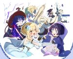  1girl 3boys arm_cutout armor artist_name attack bad_anatomy bad_hands battle black_bodysuit black_boots black_bridal_gauntlets black_corset black_dress black_gloves black_hair black_kimono black_shorts black_sleeves black_thighhighs black_veil blank_eyes blonde_hair blue_cape blue_flower blue_gem blue_hat blue_jingasa blunt_ends blush bodysuit boots bow braid breasts bridal_gauntlets cape chopgiu clenched_teeth clothing_cutout colored_inner_hair commentary corset covering_own_ears detached_sleeves dress ear_protection english_commentary explosive eyeliner facing_down facing_up feathers fingernails firing flower frilled_sleeves frills gem genshin_impact gloves gold gold_ring gold_trim grenade grenade_pin grin gun hair_flower hair_ornament half_up_braid hand_up hat highres holding holding_gun holding_weapon index_finger_raised japanese_armor japanese_clothes jewelry jingasa juban kariginu kimono kote kurokote layered_sleeves looking_at_another lumine_(as_heaven_and_earth_are_made_anew)_(genshin_impact) lumine_(genshin_impact) lumine_(night_hunt_in_snow)_(genshin_impact) makeup mandarin_collar medium_breasts medium_dress middle_ring motion_lines multicolored_flower multicolored_hair multiple_boys multiple_costumes multiple_persona neck_ring nervous_sweating open_clothes open_kimono open_mouth partially_fingerless_gloves pointing pointing_at_another pom_pom_(clothes) purple_bow purple_electricity purple_hair purple_sleeves purple_veil red_eyeliner red_hat red_kimono rifle scaramouche_(genshin_impact) scaramouche_(harbinger)_(genshin_impact) scaramouche_(kabukimono)_(genshin_impact) see-through_clothes see-through_veil shaded_face short_hair short_hair_with_long_locks shorts shoulder_peek side_cape sidelocks single_sode smile string sweat teeth thighhighs tongue upper_teeth_only vambraces veil w wanderer_(genshin_impact) weapon white_background white_bow white_cape white_dress white_flower white_kimono white_sleeves wide-eyed yellow_eyes yellow_feathers 