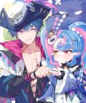 1boy 1girl absurdres art_trade blue_hair blue_shirt blush brant_(wuthering_waves) coat commentary_request eye_mask fist_bump hat heterochromia highres kado_51 long_sleeves looking_at_another mask mask_on_head multicolored_hair one_eye_closed open_clothes open_shirt parted_lips pero_(wuthering_waves) pink_eyes pink_hair puffy_cheeks purple_coat roccia_(wuthering_waves) shirt smile streaked_hair tacet_mark_(wuthering_waves) tricorne twintails two-tone_hair upper_body wuthering_waves yellow_eyes 