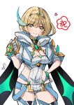  1girl absurdres blonde_hair breasts cleavage clothing_cutout commentary_request core_crystal_(xenoblade) highres hood hoodie large_breasts looking_at_viewer micro_shorts puffy_short_sleeves puffy_sleeves shimmer_(xenoblade) short_hair short_sleeves shorts side_cutout skindentation smile sofusan1526 thighhighs tiara upper_body white_thighhighs xenoblade_chronicles_(series) xenoblade_chronicles_3 yellow_eyes 