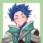 1boy blue_hair border braid braided_ponytail closed_eyes commentary_request cu_chulainn_(fate) earrings fate/grand_order fate_(series) green_border grin happy heart jewelry long_hair male_focus mochitaroh setanta_(fate) smile solo spiked_hair straight-on upper_body 
