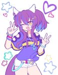  1girl animal_ears bead_bracelet beads belt blue_hair blue_shirt blush bracelet brown_hair commentary daitaku_helios_(fun_fun_party_night)_(umamusume) daitaku_helios_(umamusume) double_w ear_covers english_commentary facial_tattoo fang hair_ornament hairclip heart highres horse_ears horse_girl horse_tail jewelry long_hair looking_at_viewer multicolored_hair multicolored_nails necklace one_eye_closed open_mouth pipiikki shirt shorts side_ponytail smile solo star_(symbol) star_hair_ornament streaked_hair tail tattoo tied_shirt umamusume w white_shorts yellow_belt yellow_eyes 