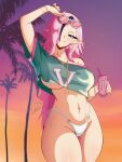  1girl adjusting_eyewear bikini bracelet breasts can commentary cosplay cover_bikini_girl_(gta_vi) cover_bikini_girl_(gta_vi)_(cosplay) cropped_shirt earrings elf energy_drink english_commentary eyewear_on_head grand_theft_auto grand_theft_auto_vi groin hair_over_one_eye highres holding holding_can hoop_earrings jewelry large_breasts long_hair looking_at_viewer monster_energy multicolored_hair navel original palm_tree pink_hair pointy_ears serena_(vdrawstuff) shirt signature smile solo stomach streaked_hair sunglasses sunset swimsuit tree vdrawstuff white_bikini 