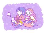  1boy 1girl black_gloves black_hair black_shoes blush border chibi closed_mouth commentary_request cup efuk0621 frederica_aesfrost gloves holding holding_cup long_hair long_sleeves looking_up open_mouth pink_hair purple_background serenoa_wolffort shoes short_hair smile star_(symbol) triangle_strategy white_border 