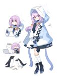 1boy 1girl ^_^ adelie_penguin atsuko_(blue_archive) bird black_boots blue_archive blush boots bow braid bulletproof_vest closed_eyes closed_mouth commentary computer cross-laced_clothes cross-laced_sleeves cup doodle_sensei_(blue_archive) frilled_socks frills full_body hair_between_eyes hair_bow halo highres holster hood hood_down hood_up jacket kneehighs lace-up_boots laptop long_hair long_sleeves low_twin_braids multiple_views nagatsuki_kei_(nagatsuki22) penguin purple_hair red_eyes sensei_(blue_archive) simple_background sleeping smile socks sweat teacup thigh_holster translation_request twin_braids v-shaped_eyebrows white_background white_jacket white_socks yellow_bow zzz 