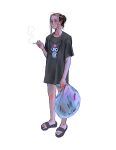  bag black_hair black_shirt cigarette commentary_request full_body hair_bun hanemiya_kazutora highres holding holding_bag holding_cigarette kuromi neck_tattoo no_pants shirt short_hair simple_background slippers smoke solo tattoo tokyo_revengers trash_bag white_background yn_tkrv 